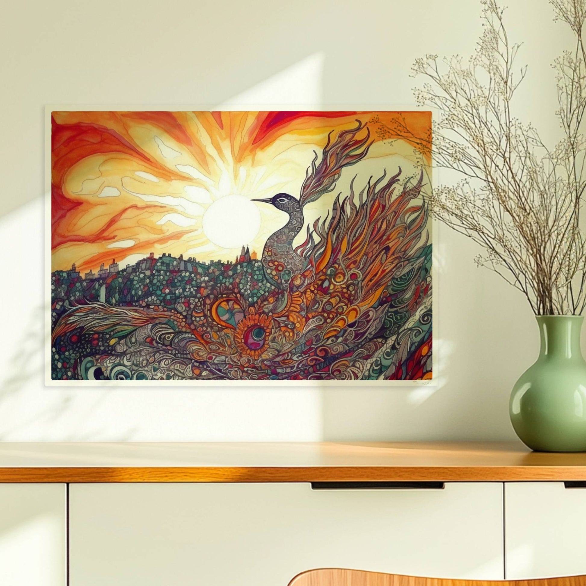 Phönix mit prachtvollen, ornamentalen Federn in leuchtenden Farben, vor einer Sonnenuntergangslandschaft im Jugendstil.. Ohne Rahmen 70x50