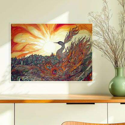 Phönix mit prachtvollen, ornamentalen Federn in leuchtenden Farben, vor einer Sonnenuntergangslandschaft im Jugendstil.. Ohne Rahmen 70x50