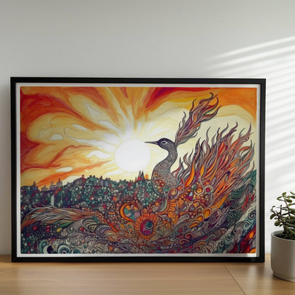 Phönix mit prachtvollen, ornamentalen Federn in leuchtenden Farben, vor einer Sonnenuntergangslandschaft im Jugendstil.. Rahmen schwarz 70x50