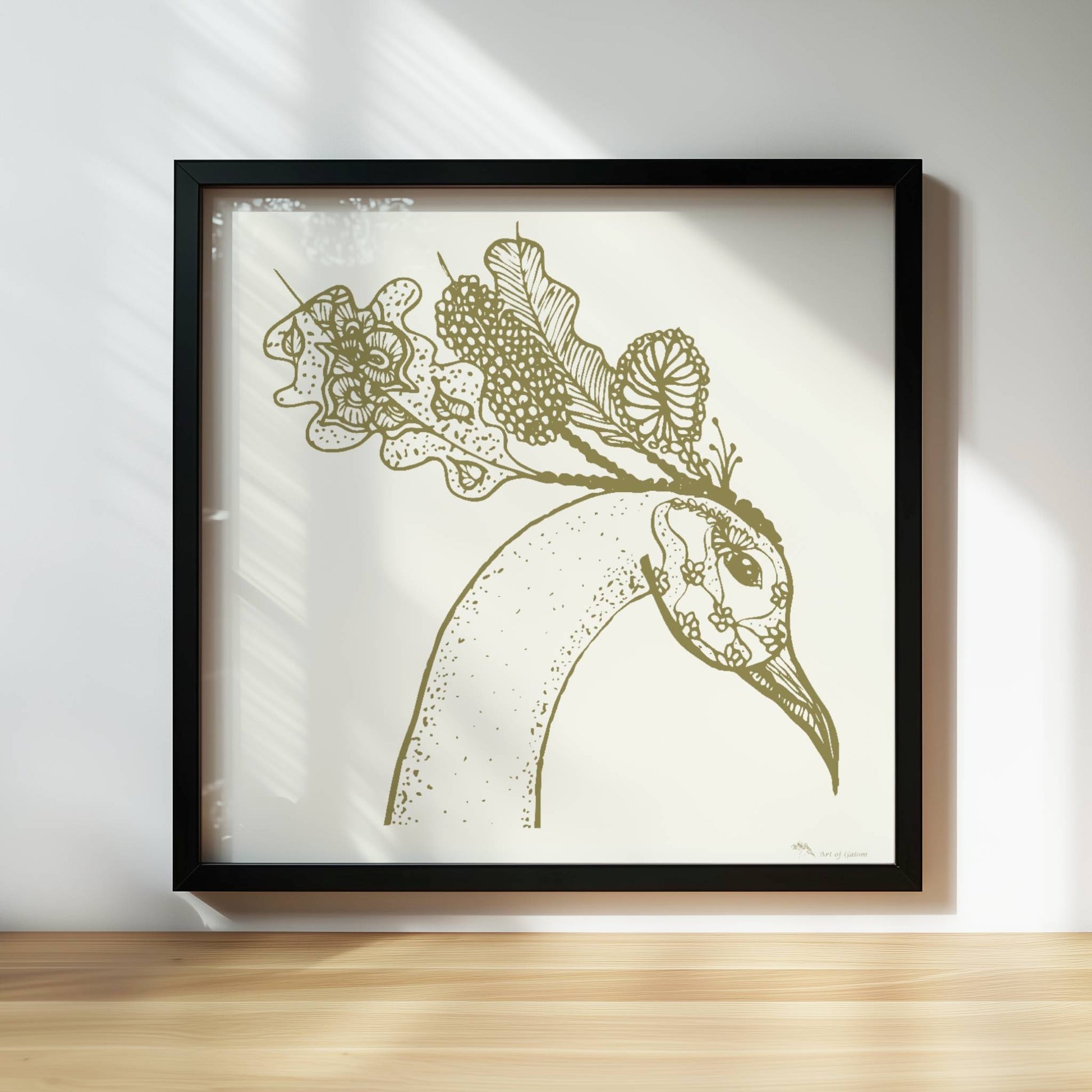 Schwarz-weiß Illustration eines Phönixkopfes mit kunstvollen Mustern und Details in hoher Auflösung, Posterkunst, Wanddekoration. Rahmen schwarz 30x30