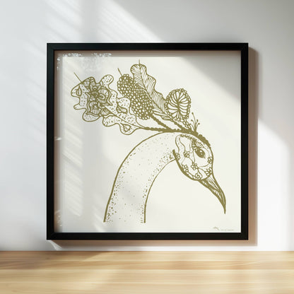 Schwarz-weiß Illustration eines Phönixkopfes mit kunstvollen Mustern und Details in hoher Auflösung, Posterkunst, Wanddekoration. Rahmen schwarz 30x30