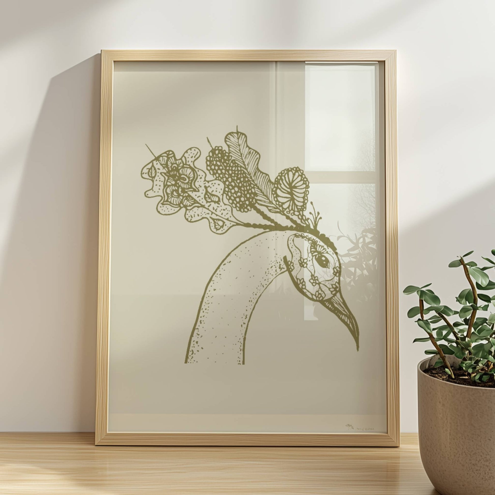 Schwarz-weiß Illustration eines Phönixkopfes mit kunstvollen Mustern und Details in hoher Auflösung, Posterkunst, Wanddekoration. Rahmen natur 30x40