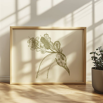 Schwarz-weiß Illustration eines Phönixkopfes mit kunstvollen Mustern und Details in hoher Auflösung, Posterkunst, Wanddekoration. Rahmen natur 40x30