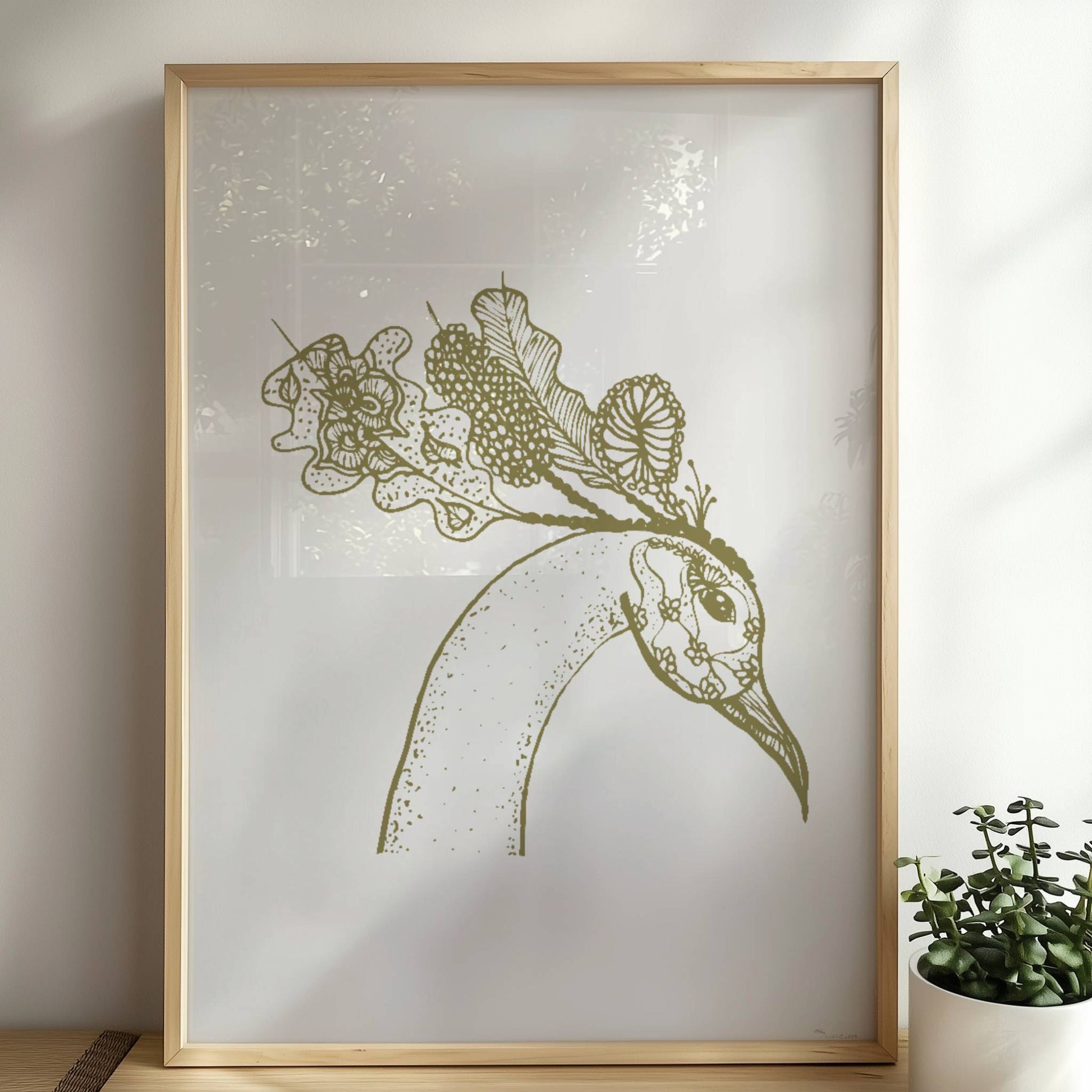 Schwarz-weiß Illustration eines Phönixkopfes mit kunstvollen Mustern und Details in hoher Auflösung, Posterkunst, Wanddekoration. Rahmen natur 50x70