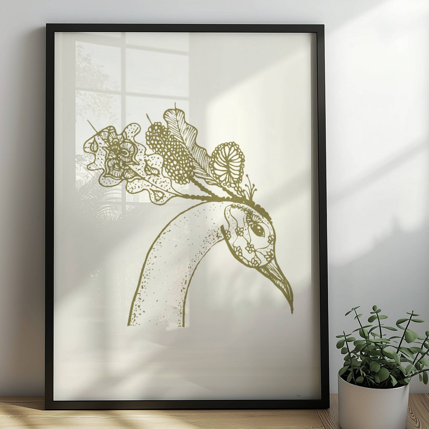 Schwarz-weiß Illustration eines Phönixkopfes mit kunstvollen Mustern und Details in hoher Auflösung, Posterkunst, Wanddekoration. Rahmen schwarz 50x70