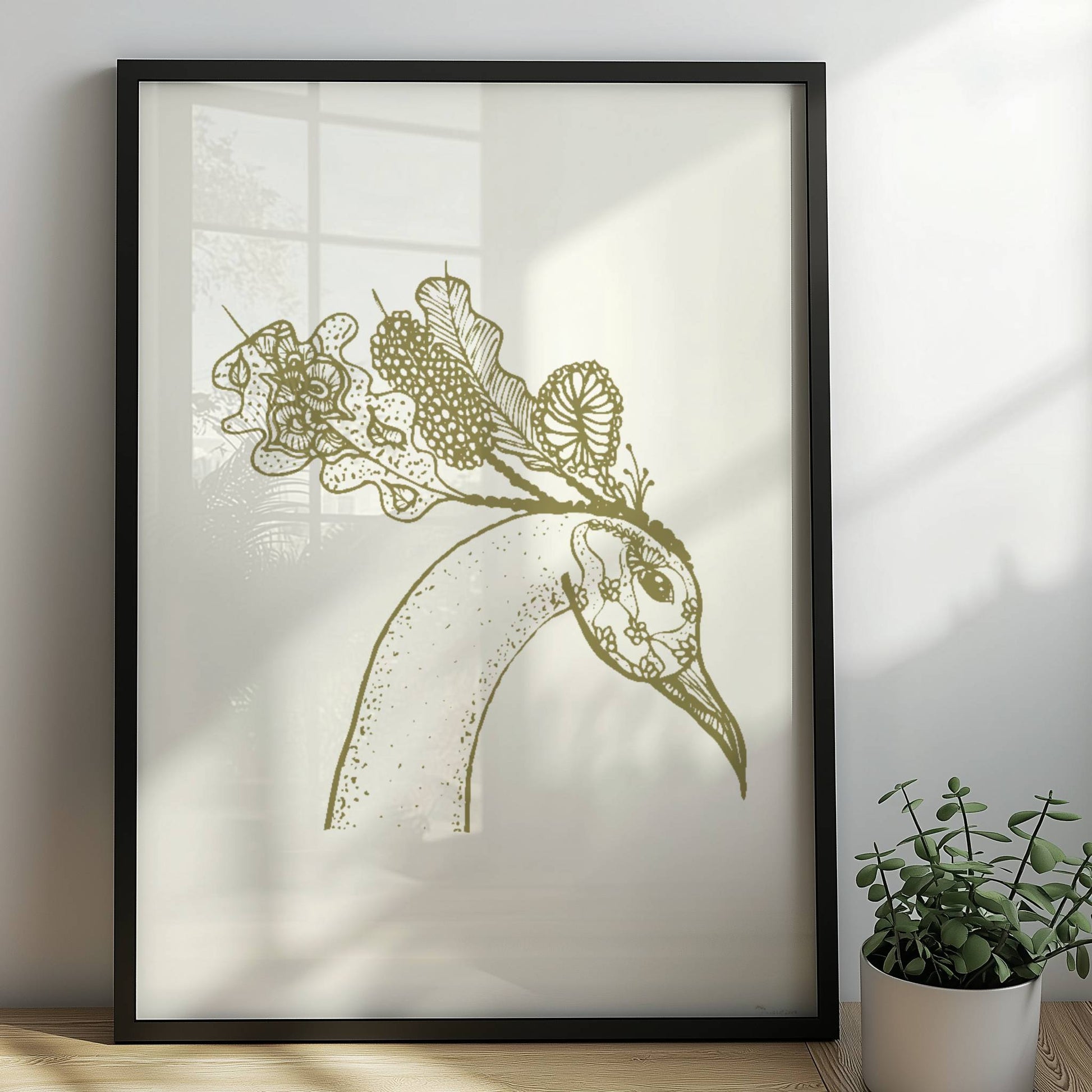 Schwarz-weiß Illustration eines Phönixkopfes mit kunstvollen Mustern und Details in hoher Auflösung, Posterkunst, Wanddekoration. Rahmen schwarz 50x70
