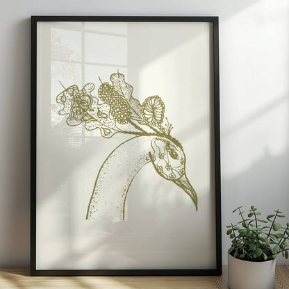 Schwarz-weiß Illustration eines Phönixkopfes mit kunstvollen Mustern und Details in hoher Auflösung, Posterkunst, Wanddekoration. Rahmen schwarz 50x70