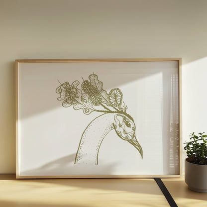 Schwarz-weiß Illustration eines Phönixkopfes mit kunstvollen Mustern und Details in hoher Auflösung, Posterkunst, Wanddekoration. Rahmen natur 70x50