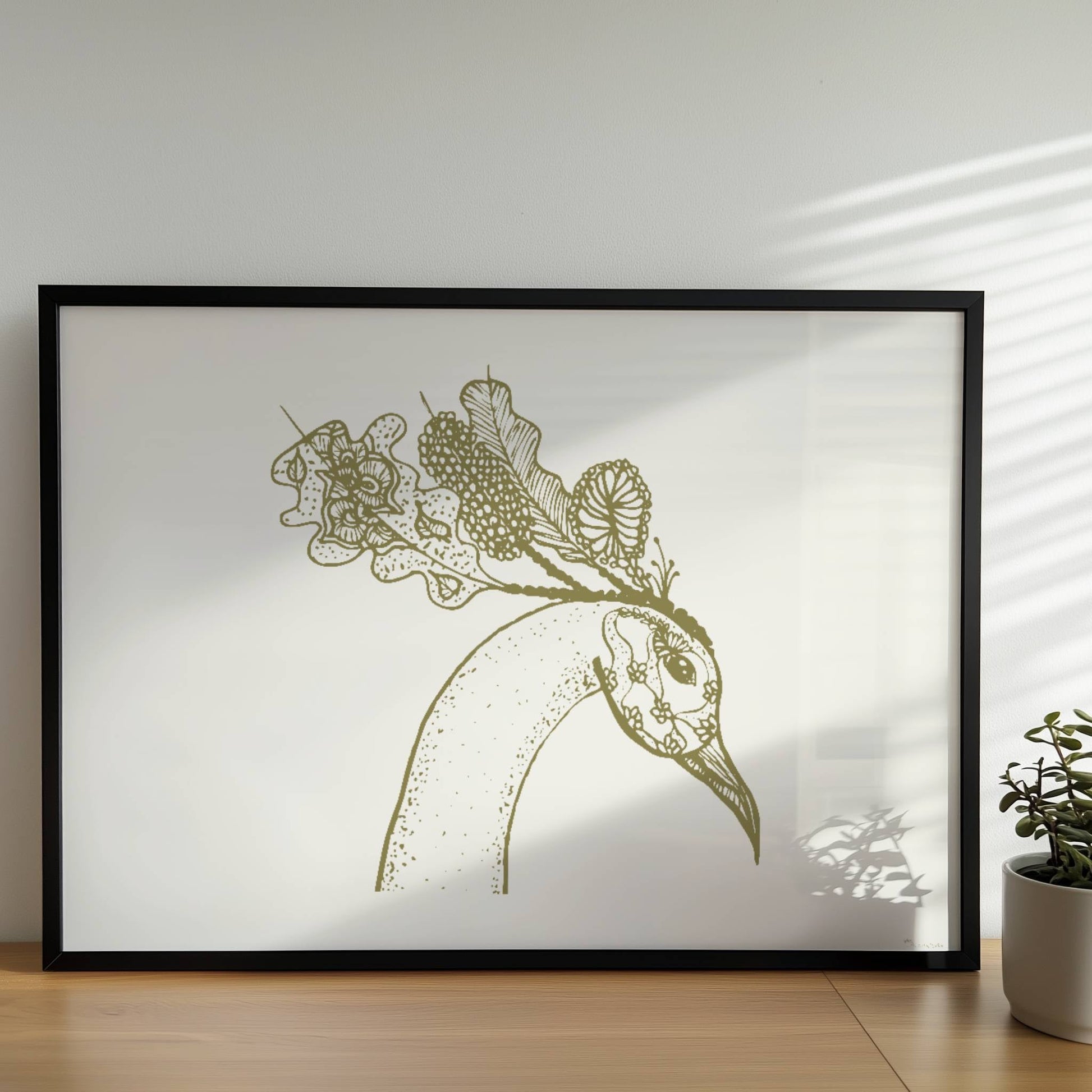 Schwarz-weiß Illustration eines Phönixkopfes mit kunstvollen Mustern und Details in hoher Auflösung, Posterkunst, Wanddekoration. Rahmen schwarz 70x50