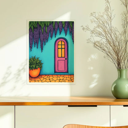Türkisfarbene Haustür mit Bogen und üppiger hängender lila Wisteria, mediterraner Hausflair, detailreiche Fassadendekoration, hochwertige Architekturposter. Ohne Rahmen 30x40