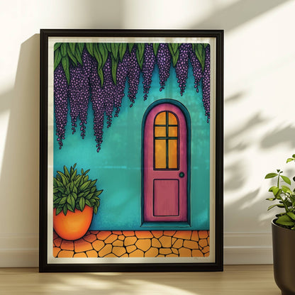 Türkisfarbene Haustür mit Bogen und üppiger hängender lila Wisteria, mediterraner Hausflair, detailreiche Fassadendekoration, hochwertige Architekturposter. Rahmen schwarz 30x40