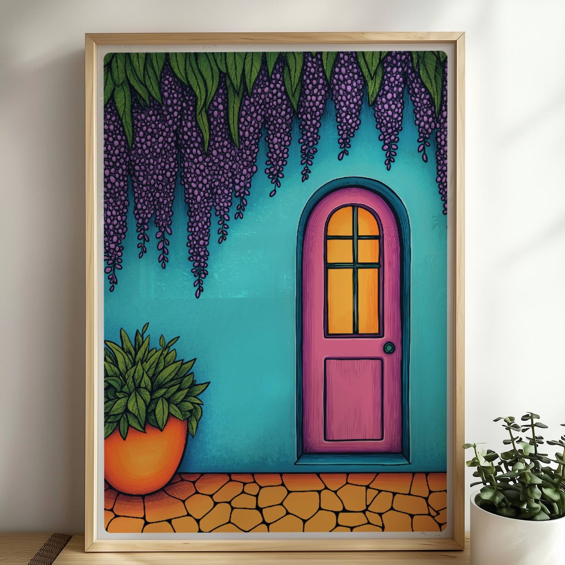 Türkisfarbene Haustür mit Bogen und üppiger hängender lila Wisteria, mediterraner Hausflair, detailreiche Fassadendekoration, hochwertige Architekturposter. Rahmen natur 50x70