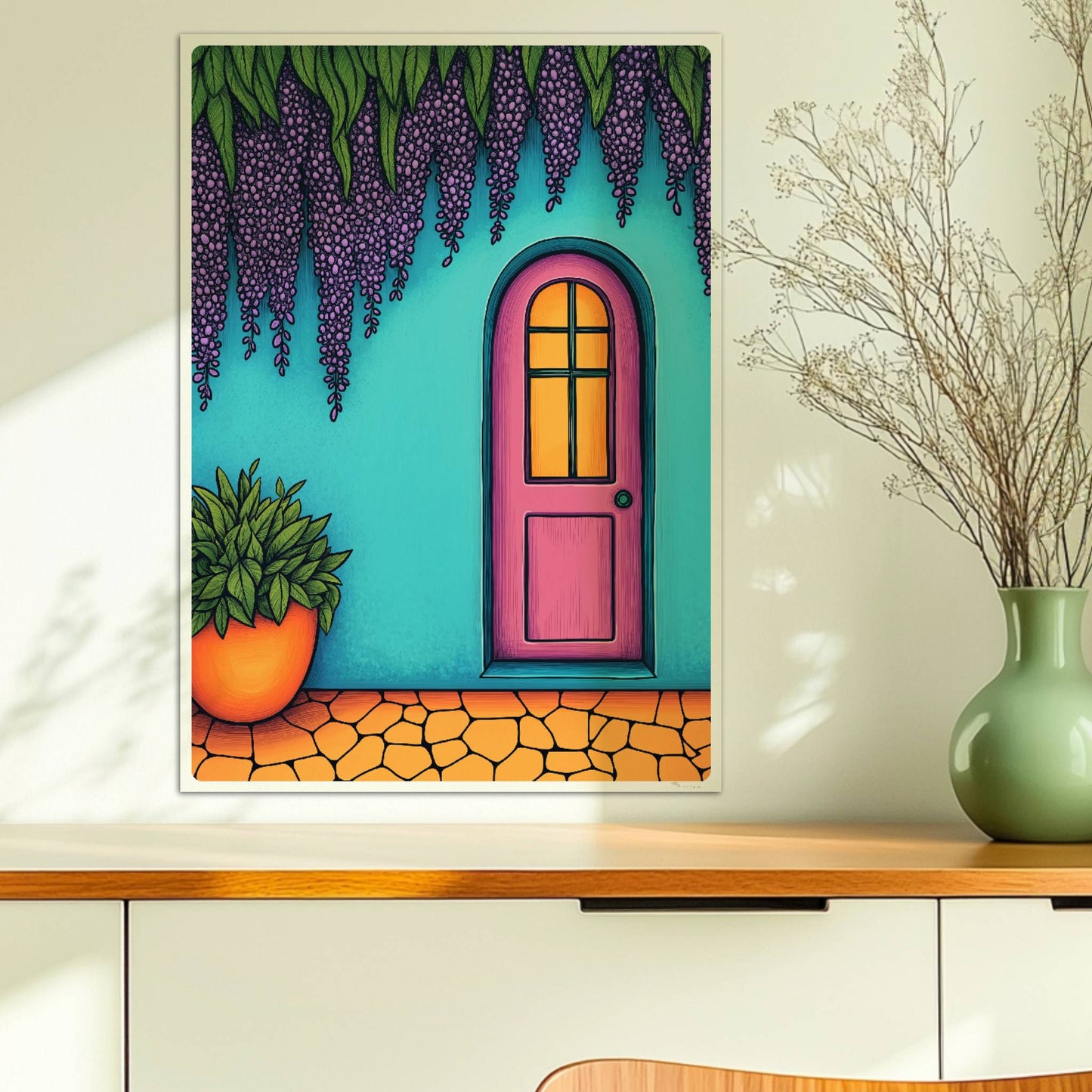 Türkisfarbene Haustür mit Bogen und üppiger hängender lila Wisteria, mediterraner Hausflair, detailreiche Fassadendekoration, hochwertige Architekturposter. Ohne Rahmen 50x70