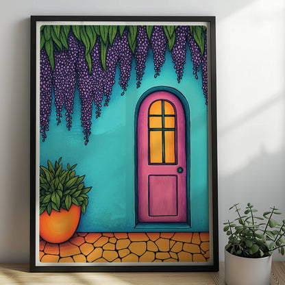 Türkisfarbene Haustür mit Bogen und üppiger hängender lila Wisteria, mediterraner Hausflair, detailreiche Fassadendekoration, hochwertige Architekturposter. Rahmen schwarz 50x70