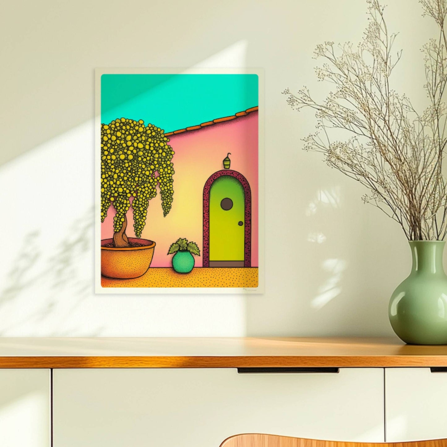 Pastellfarbene Haustür mit Bogen, mediterraner Hof mit großem gelbem Baum im Topf und dekorativen Pflanzen, Urlaubsszene mit Hausfassade. Ohne Rahmen 30x40