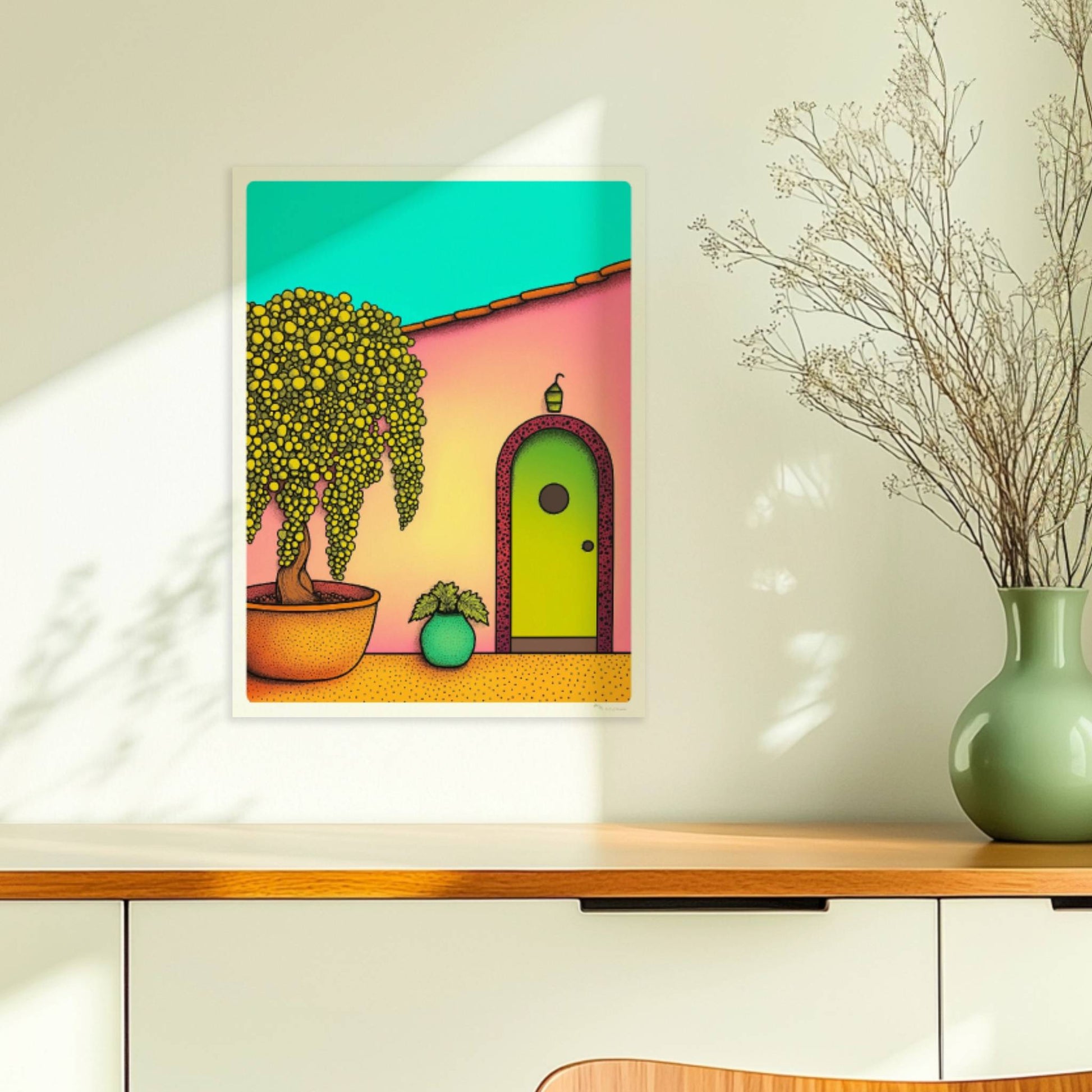 Pastellfarbene Haustür mit Bogen, mediterraner Hof mit großem gelbem Baum im Topf und dekorativen Pflanzen, Urlaubsszene mit Hausfassade. Ohne Rahmen 30x40