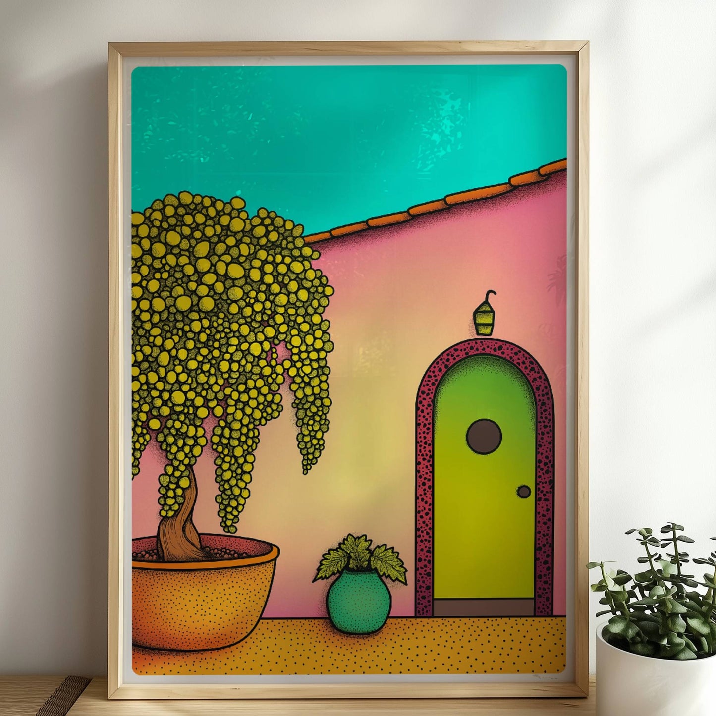 Pastellfarbene Haustür mit Bogen, mediterraner Hof mit großem gelbem Baum im Topf und dekorativen Pflanzen, Urlaubsszene mit Hausfassade. Rahmen natur 50x70