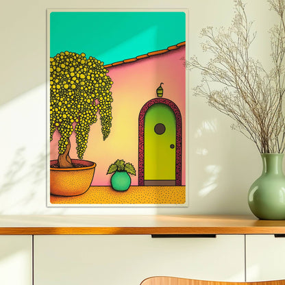 Pastellfarbene Haustür mit Bogen, mediterraner Hof mit großem gelbem Baum im Topf und dekorativen Pflanzen, Urlaubsszene mit Hausfassade. Ohne Rahmen 50x70