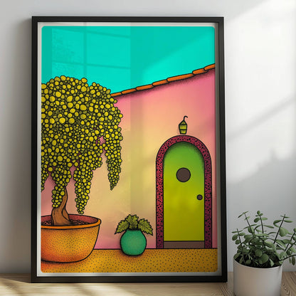 Pastellfarbene Haustür mit Bogen, mediterraner Hof mit großem gelbem Baum im Topf und dekorativen Pflanzen, Urlaubsszene mit Hausfassade. Rahmen schwarz 50x70