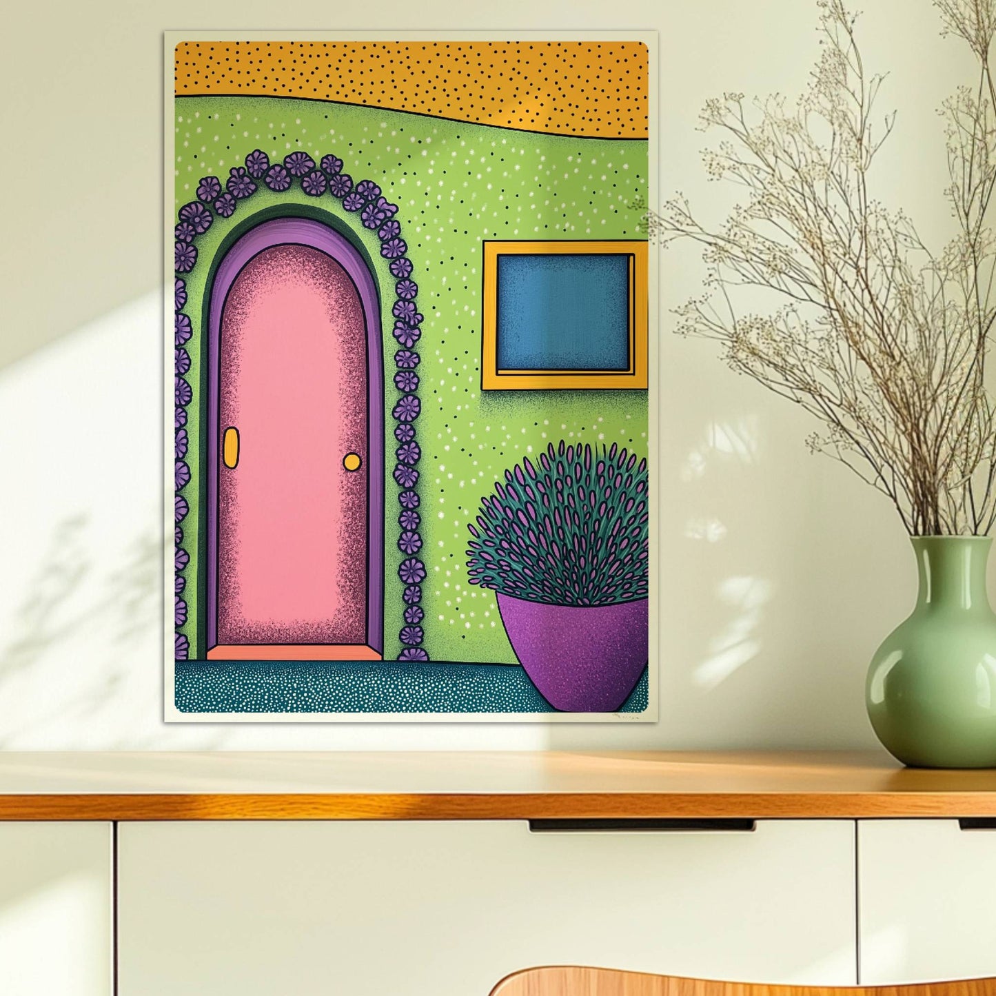 Grüne Fassade mit rosa Haustür, Blumenrahmen und lila Pflanze im Topf – farbenfrohes Reisemotiv mit mediterranem Flair. Ohne Rahmen 50x70