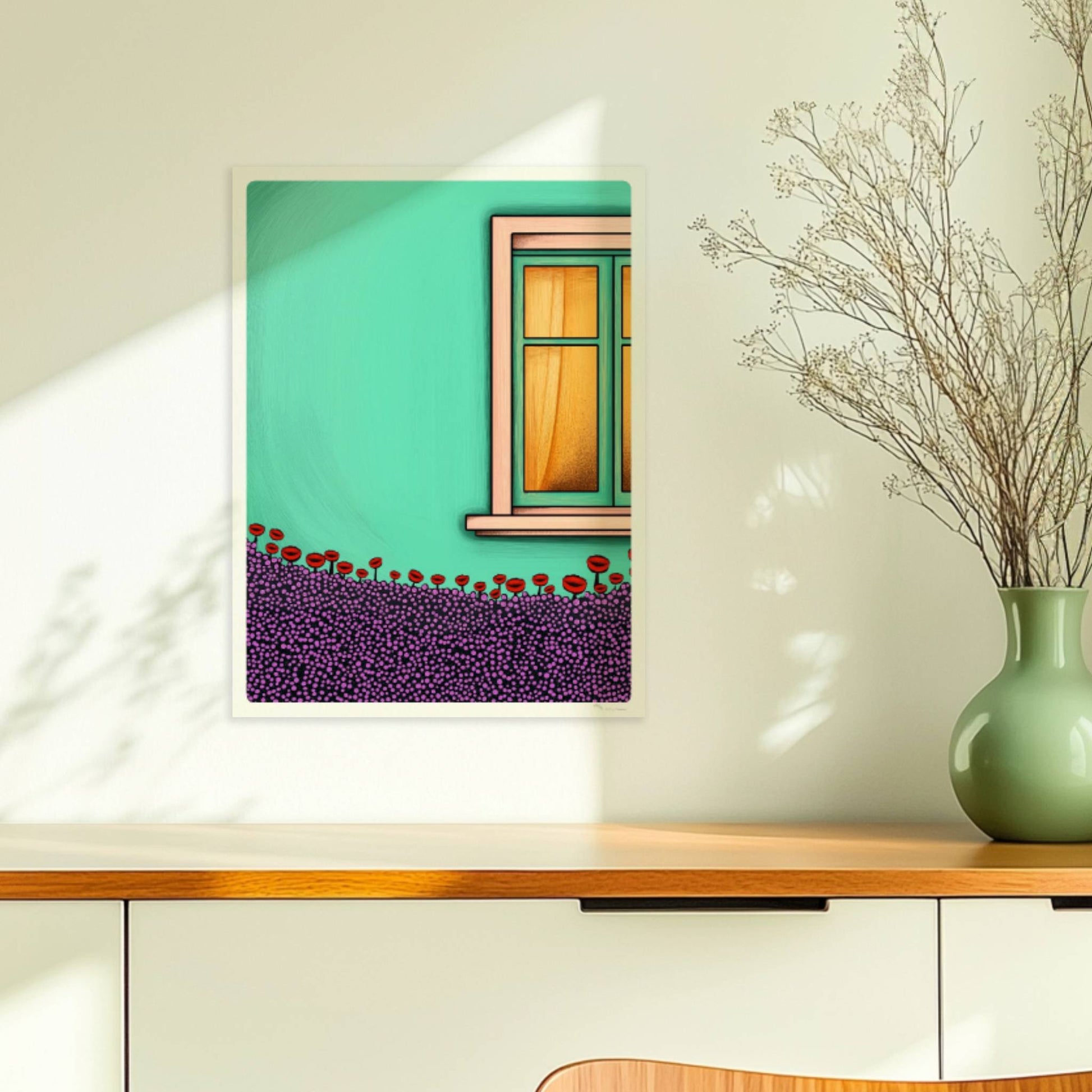 Türkise Hausfassade mit Fenster, gelben Vorhängen und üppiger Blumenwiese im Vordergrund – farbenfrohes Postkartenmotiv. Ohne Rahmen 30x40