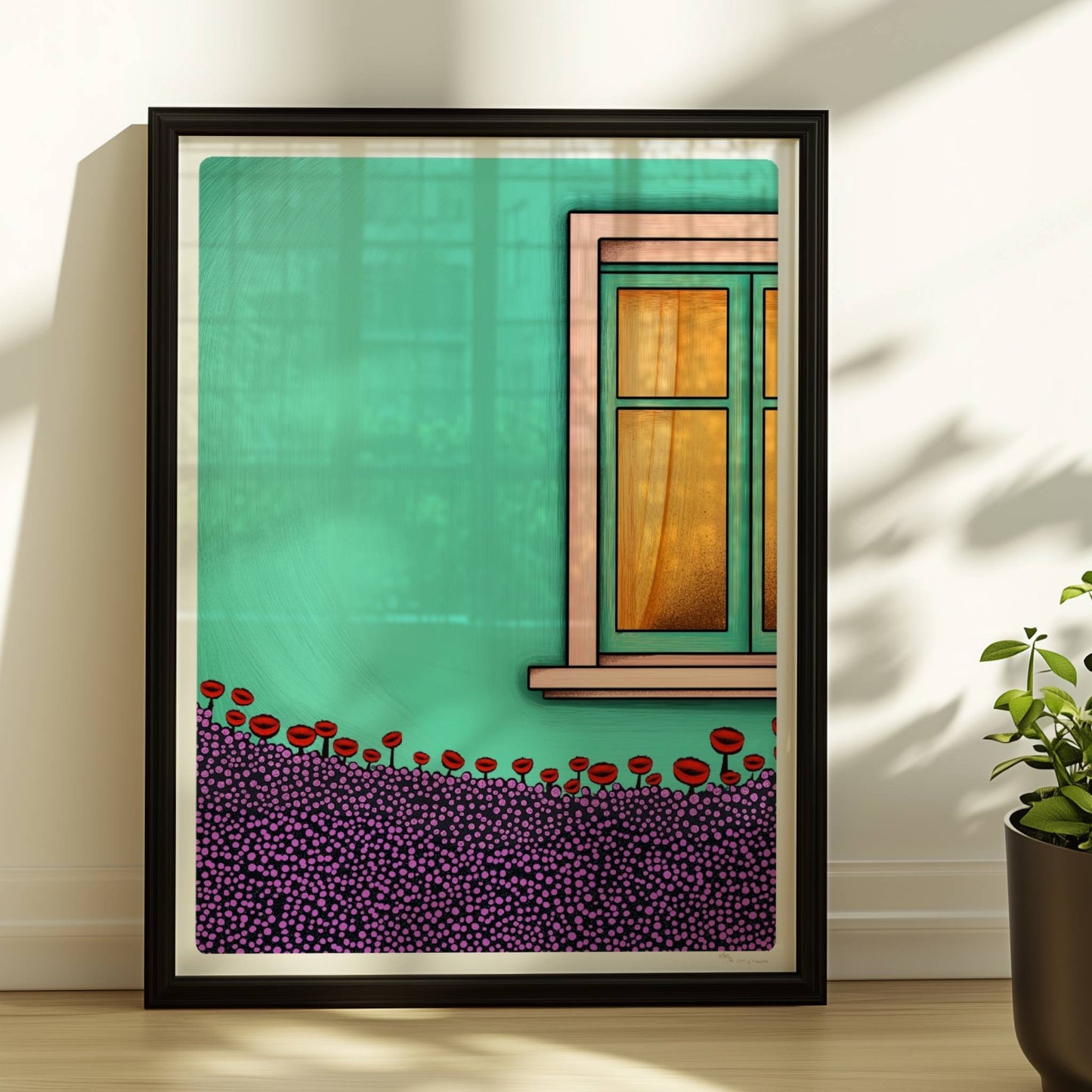 Türkise Hausfassade mit Fenster, gelben Vorhängen und üppiger Blumenwiese im Vordergrund – farbenfrohes Postkartenmotiv. Rahmen schwarz 30x40
