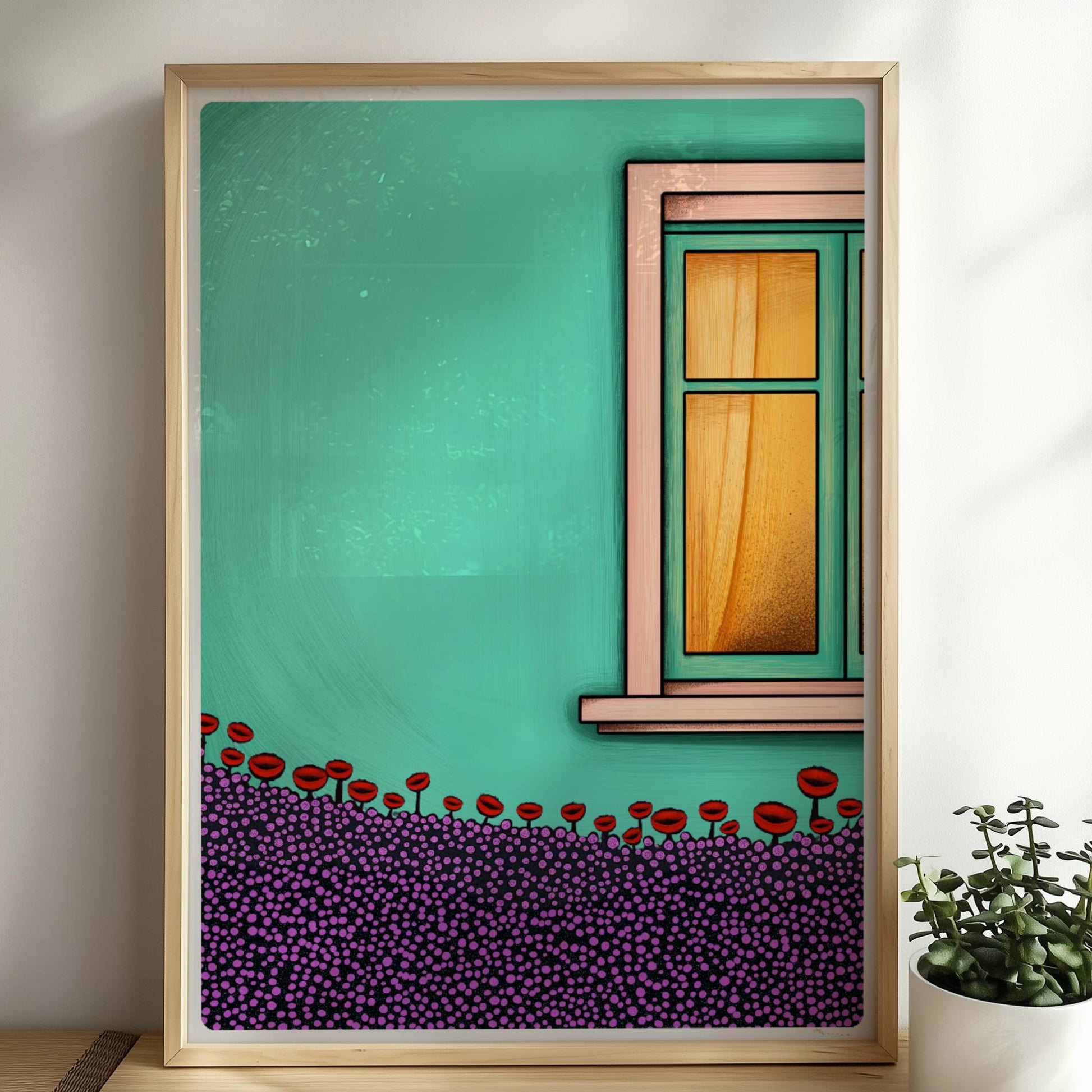 Türkise Hausfassade mit Fenster, gelben Vorhängen und üppiger Blumenwiese im Vordergrund – farbenfrohes Postkartenmotiv. Rahmen natur 50x70