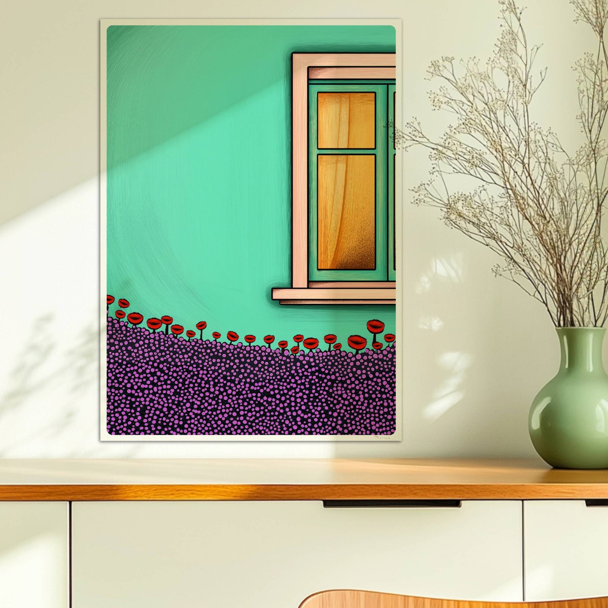 Türkise Hausfassade mit Fenster, gelben Vorhängen und üppiger Blumenwiese im Vordergrund – farbenfrohes Postkartenmotiv. Ohne Rahmen 50x70