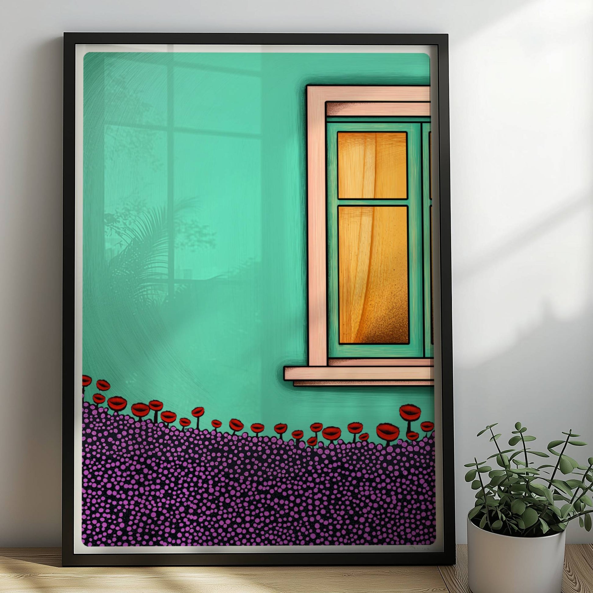 Türkise Hausfassade mit Fenster, gelben Vorhängen und üppiger Blumenwiese im Vordergrund – farbenfrohes Postkartenmotiv. Rahmen schwarz 50x70