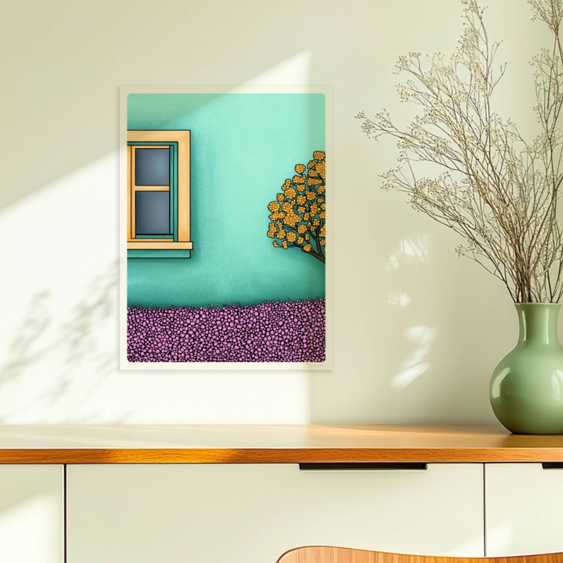 Türkisfarbene Fassade mit hellem Fensterrahmen, blühender Baum und bunte Blumenwiese – idyllisches Urlaubsfassaden-Motiv. Ohne Rahmen 30x40