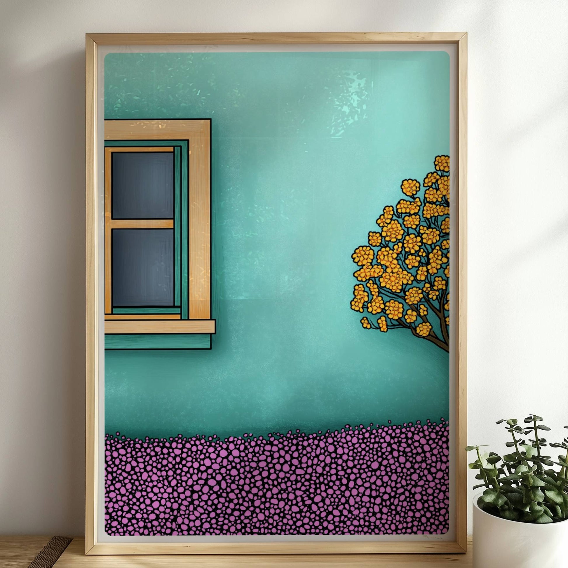 Türkisfarbene Fassade mit hellem Fensterrahmen, blühender Baum und bunte Blumenwiese – idyllisches Urlaubsfassaden-Motiv. Rahmen natur 50x70