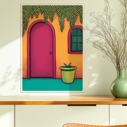 Orangefarbene Hausfassade mit bogenförmiger rosa Tür, hängenden Traubenpflanzen und Fenster – mediterranes Urlaubsarchitektur-Motiv. Ohne Rahmen 50x70