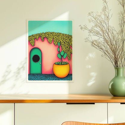 Türkise Haustür mit rundem Fenster, pinkfarbener Wand, üppigem gelbem Blütendach und großem Kaktus im Terrakotta?Topf – Pop?Art, fröhliche mediterrane Fassade.. Ohne Rahmen 30x40