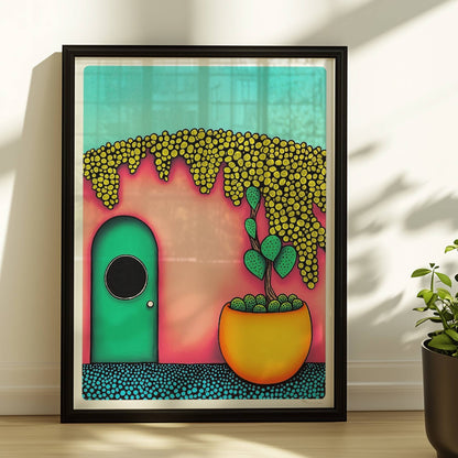 Türkise Haustür mit rundem Fenster, pinkfarbener Wand, üppigem gelbem Blütendach und großem Kaktus im Terrakotta?Topf – Pop?Art, fröhliche mediterrane Fassade.. Rahmen schwarz 30x40