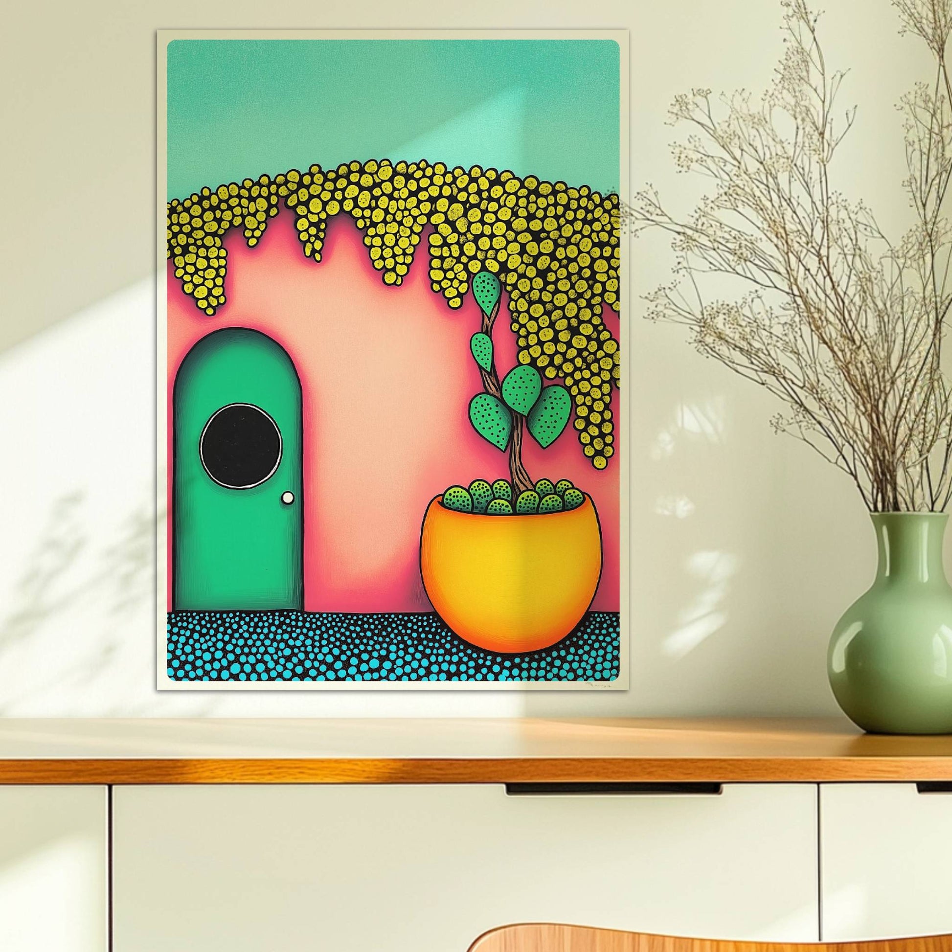 Türkise Haustür mit rundem Fenster, pinkfarbener Wand, üppigem gelbem Blütendach und großem Kaktus im Terrakotta?Topf – Pop?Art, fröhliche mediterrane Fassade.. Ohne Rahmen 50x70