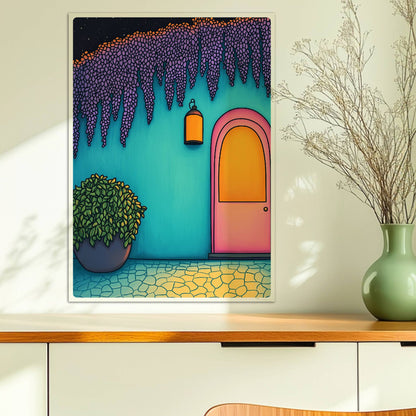 Pinkfarbene Haustür mit Laterne bei Nacht, türkisfarbener Wand, üppiger lila Wisteria und Topfpflanze – mediterraner Ferienstil, stimmungsvolle Farben.. Ohne Rahmen 50x70