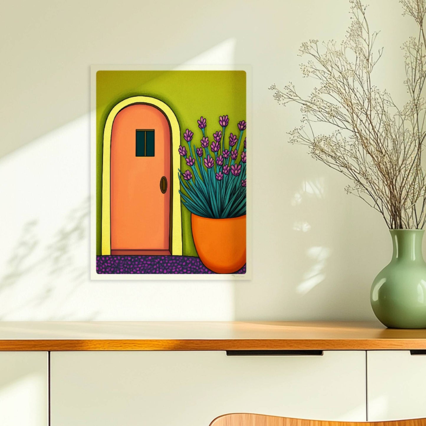 Orangenfarbene Haustür mit gelbem Bogen, grüner Wand und üppigem Lavendel im Topf – sonnige mediterrane Architektur im Illustrationsstil.. Ohne Rahmen 30x40