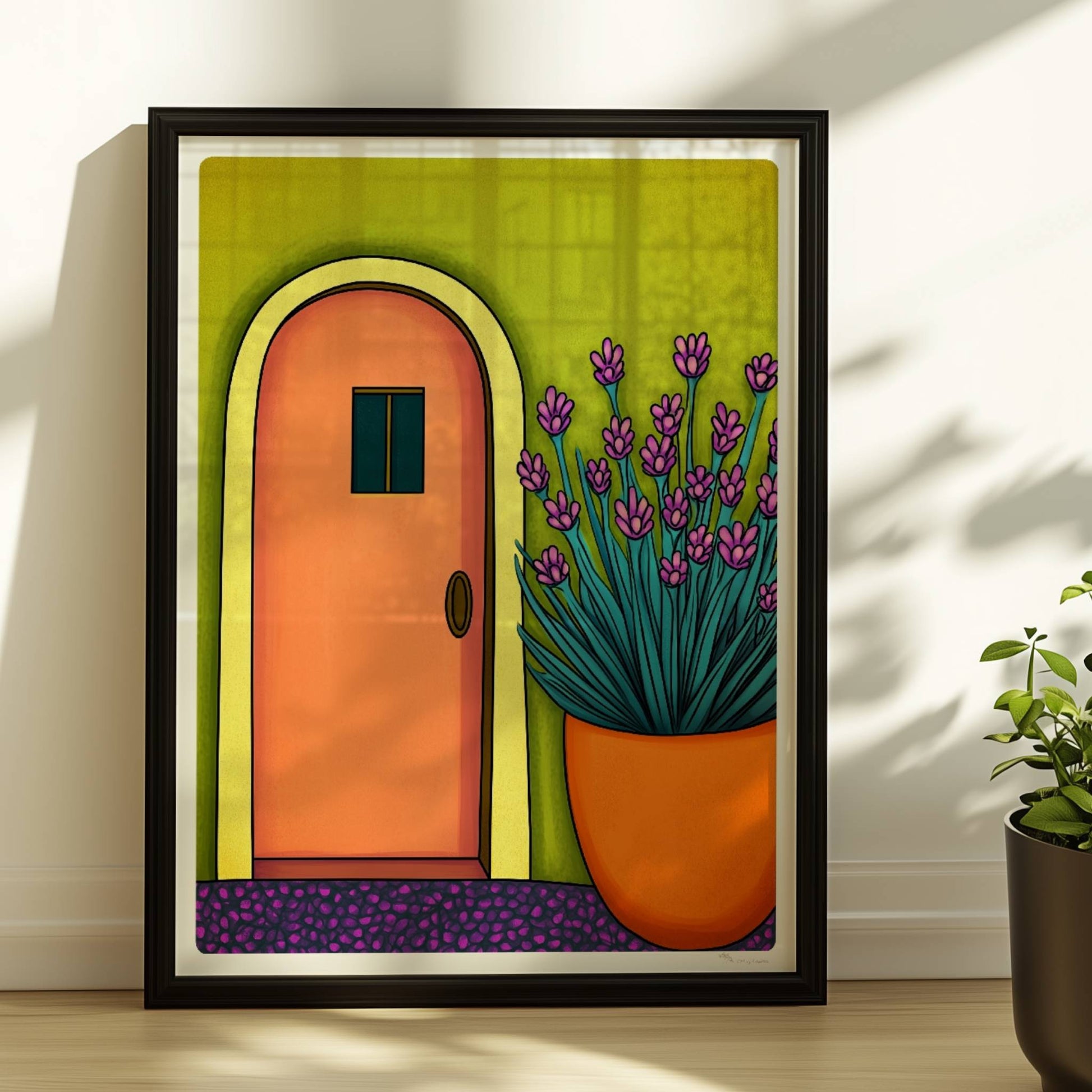 Orangenfarbene Haustür mit gelbem Bogen, grüner Wand und üppigem Lavendel im Topf – sonnige mediterrane Architektur im Illustrationsstil.. Rahmen schwarz 30x40