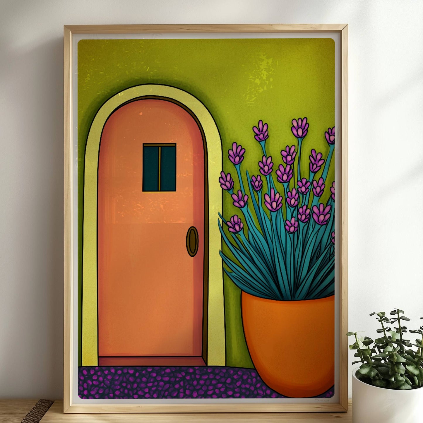 Orangenfarbene Haustür mit gelbem Bogen, grüner Wand und üppigem Lavendel im Topf – sonnige mediterrane Architektur im Illustrationsstil.. Rahmen natur 50x70