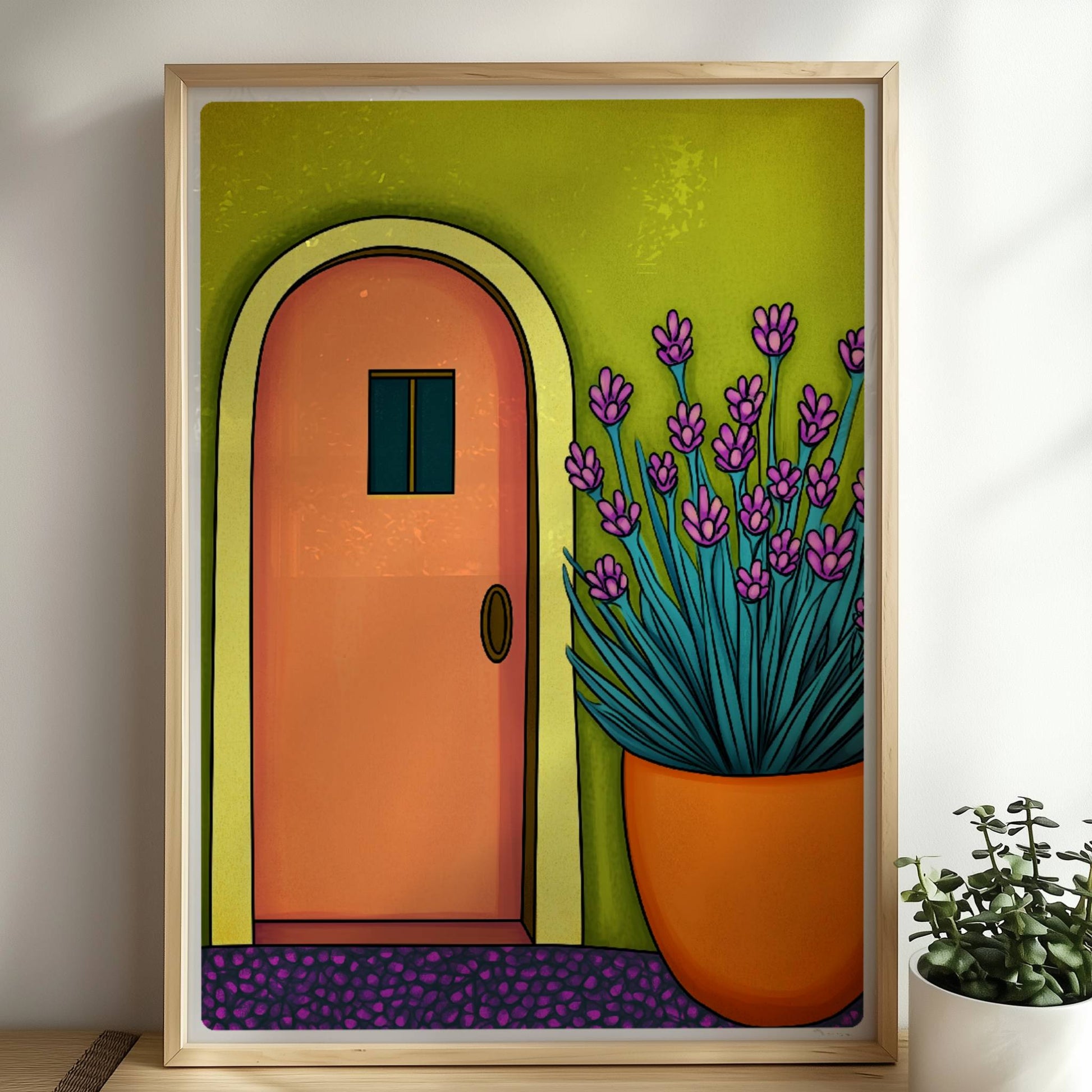 Orangenfarbene Haustür mit gelbem Bogen, grüner Wand und üppigem Lavendel im Topf – sonnige mediterrane Architektur im Illustrationsstil.. Rahmen natur 50x70