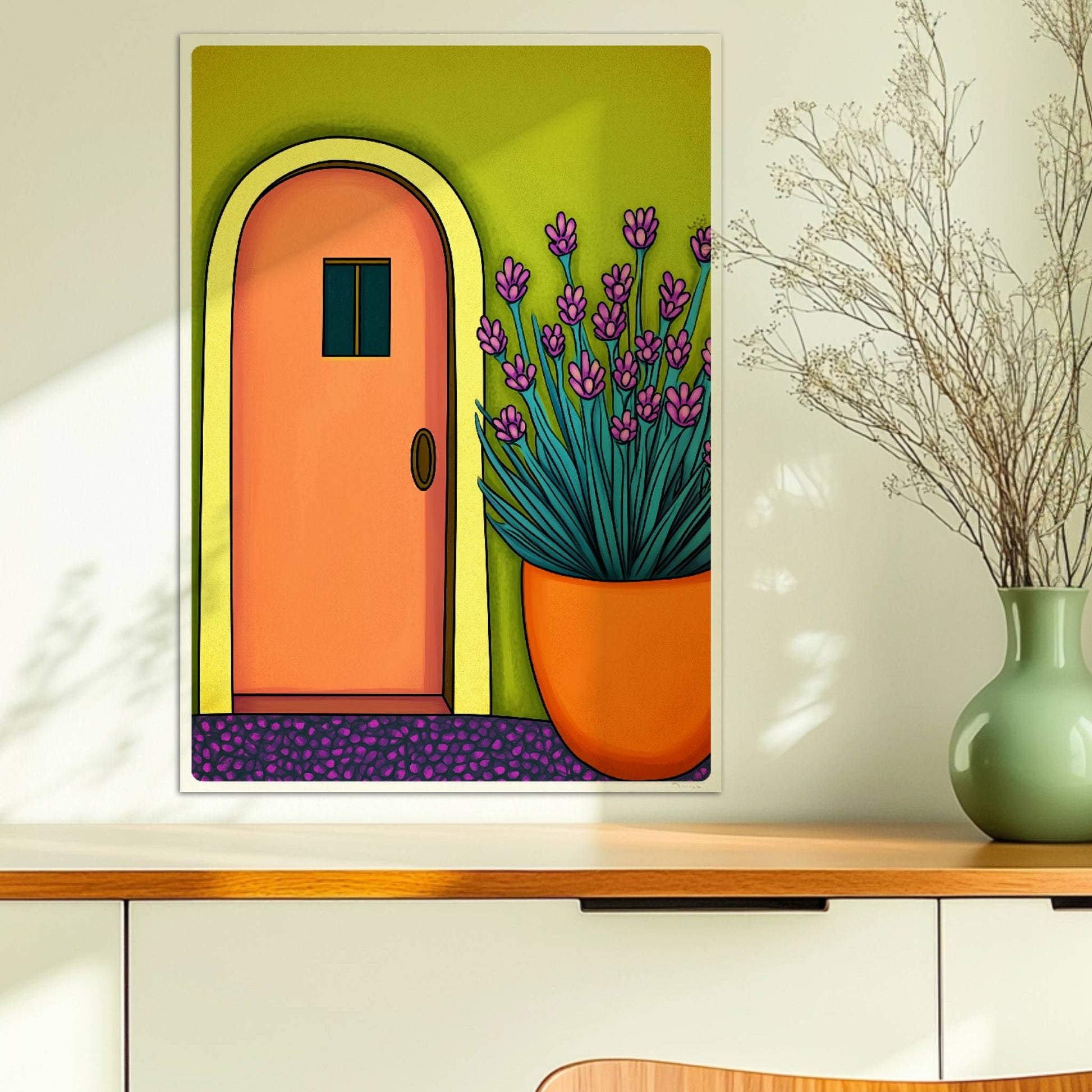 Orangenfarbene Haustür mit gelbem Bogen, grüner Wand und üppigem Lavendel im Topf – sonnige mediterrane Architektur im Illustrationsstil.. Ohne Rahmen 50x70