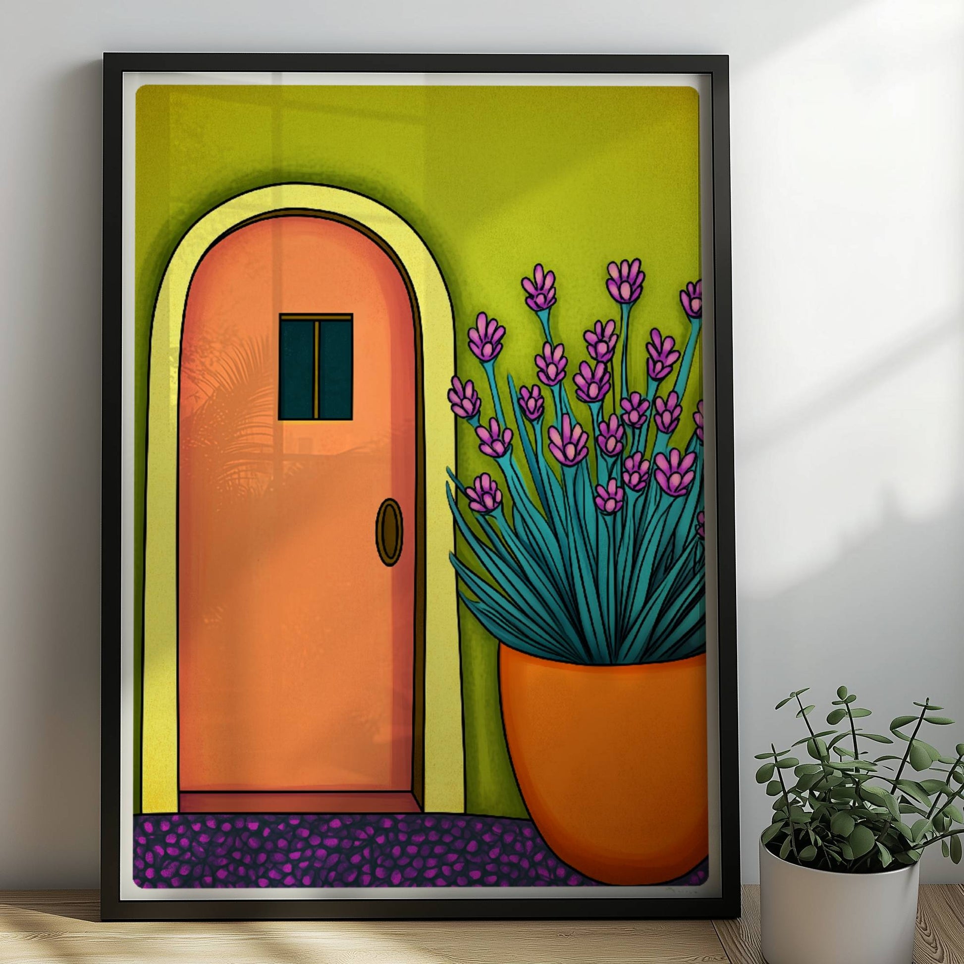 Orangenfarbene Haustür mit gelbem Bogen, grüner Wand und üppigem Lavendel im Topf – sonnige mediterrane Architektur im Illustrationsstil.. Rahmen schwarz 50x70
