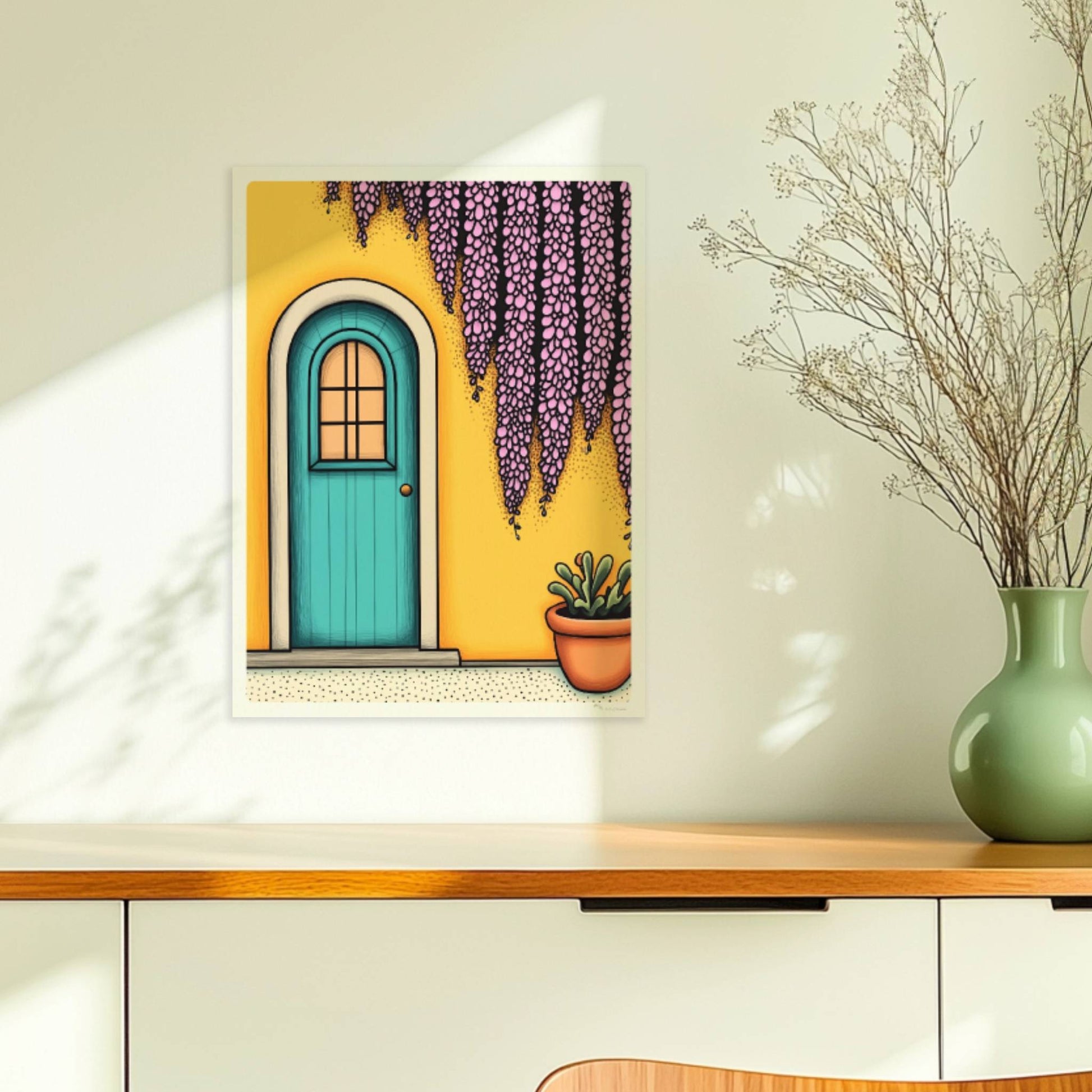 Türkisfarbene Haustür mit Bogen, gelber Wand, lila Wisteria und Topfpflanze – mediterraner Urlaubsflair, klare Linien und satte Farben.. Ohne Rahmen 30x40