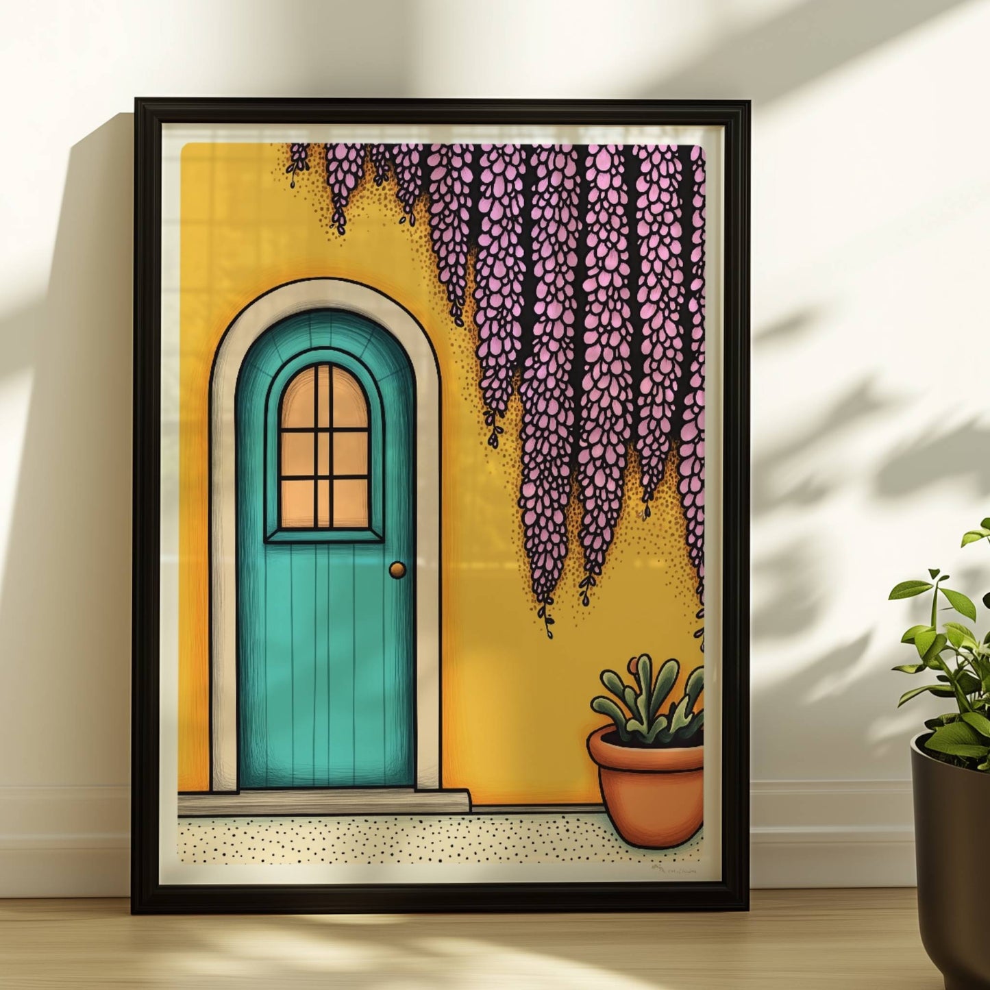 Türkisfarbene Haustür mit Bogen, gelber Wand, lila Wisteria und Topfpflanze – mediterraner Urlaubsflair, klare Linien und satte Farben.. Rahmen schwarz 30x40