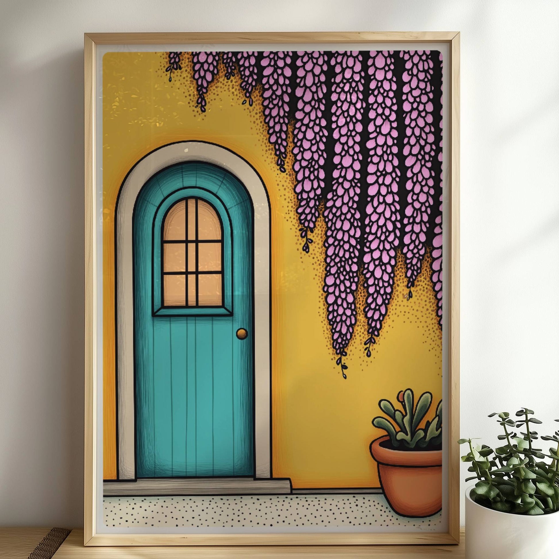 Türkisfarbene Haustür mit Bogen, gelber Wand, lila Wisteria und Topfpflanze – mediterraner Urlaubsflair, klare Linien und satte Farben.. Rahmen natur 50x70