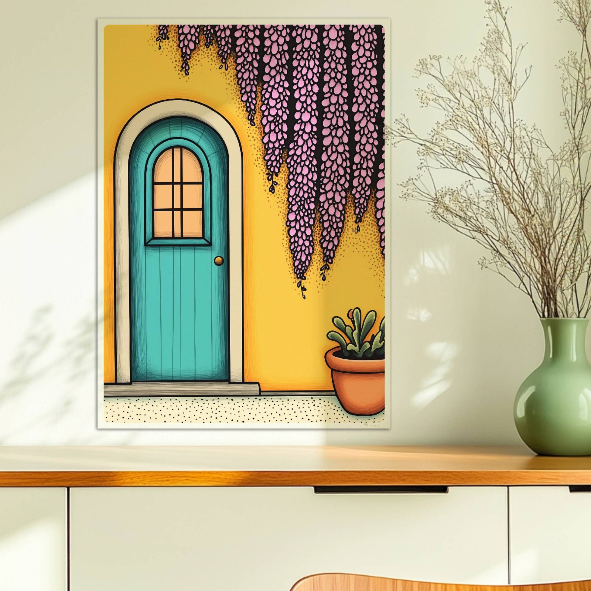 Türkisfarbene Haustür mit Bogen, gelber Wand, lila Wisteria und Topfpflanze – mediterraner Urlaubsflair, klare Linien und satte Farben.. Ohne Rahmen 50x70