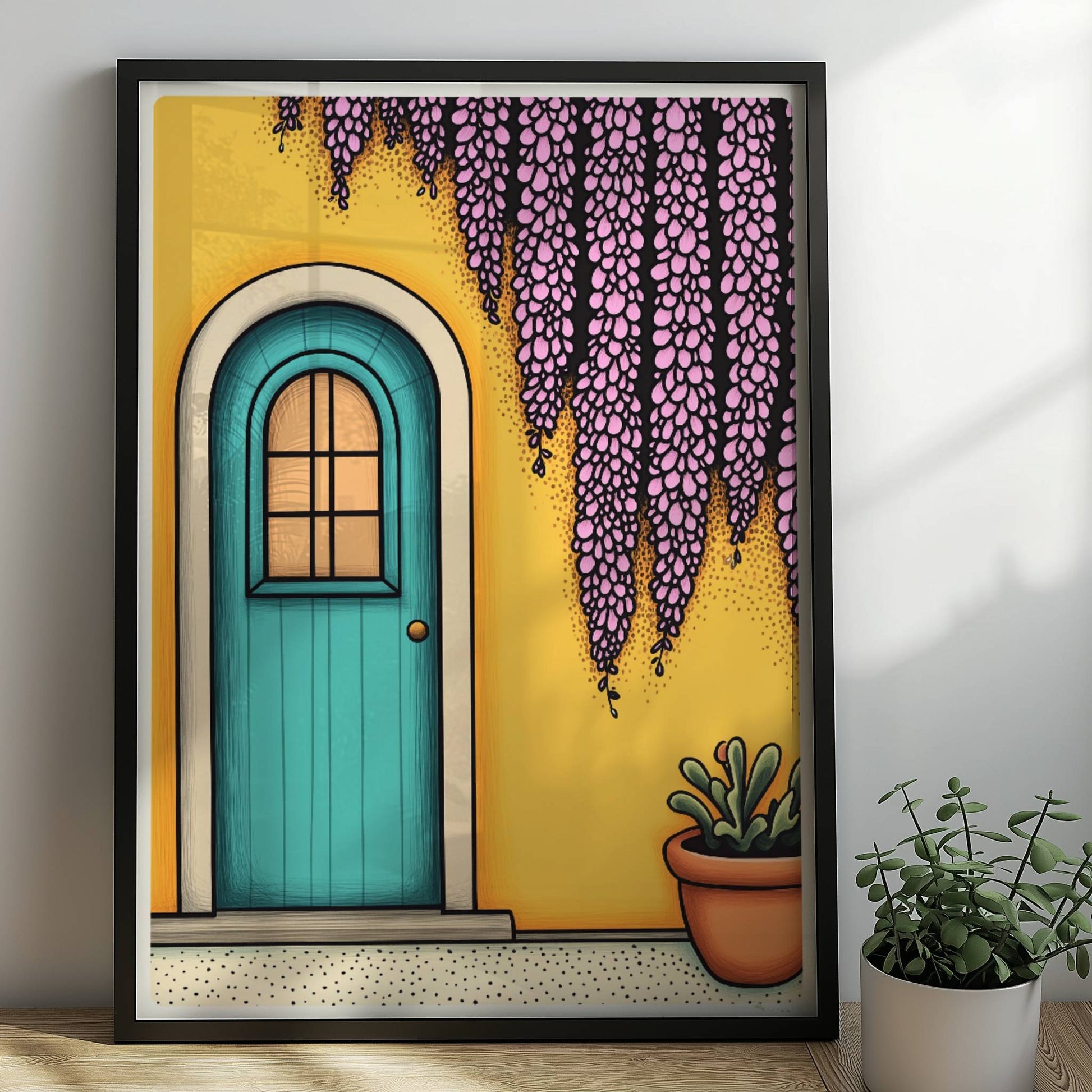 Türkisfarbene Haustür mit Bogen, gelber Wand, lila Wisteria und Topfpflanze – mediterraner Urlaubsflair, klare Linien und satte Farben.. Rahmen schwarz 50x70