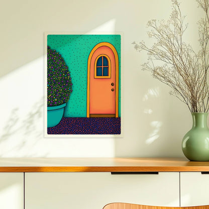 Orangefarbene Haustür mit gelbem Bogenrahmen, türkisfarbener Wand und großem rundem Blumentopf – dekorative mediterrane Fassadenkunst.. Ohne Rahmen 30x40