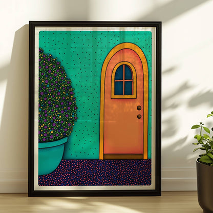 Orangefarbene Haustür mit gelbem Bogenrahmen, türkisfarbener Wand und großem rundem Blumentopf – dekorative mediterrane Fassadenkunst.. Rahmen schwarz 30x40