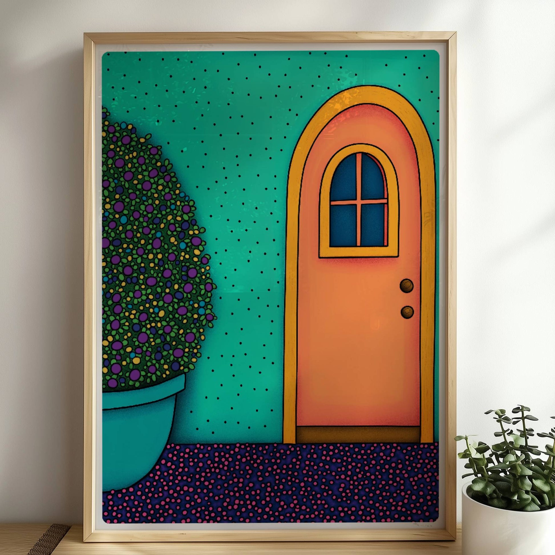 Orangefarbene Haustür mit gelbem Bogenrahmen, türkisfarbener Wand und großem rundem Blumentopf – dekorative mediterrane Fassadenkunst.. Rahmen natur 50x70